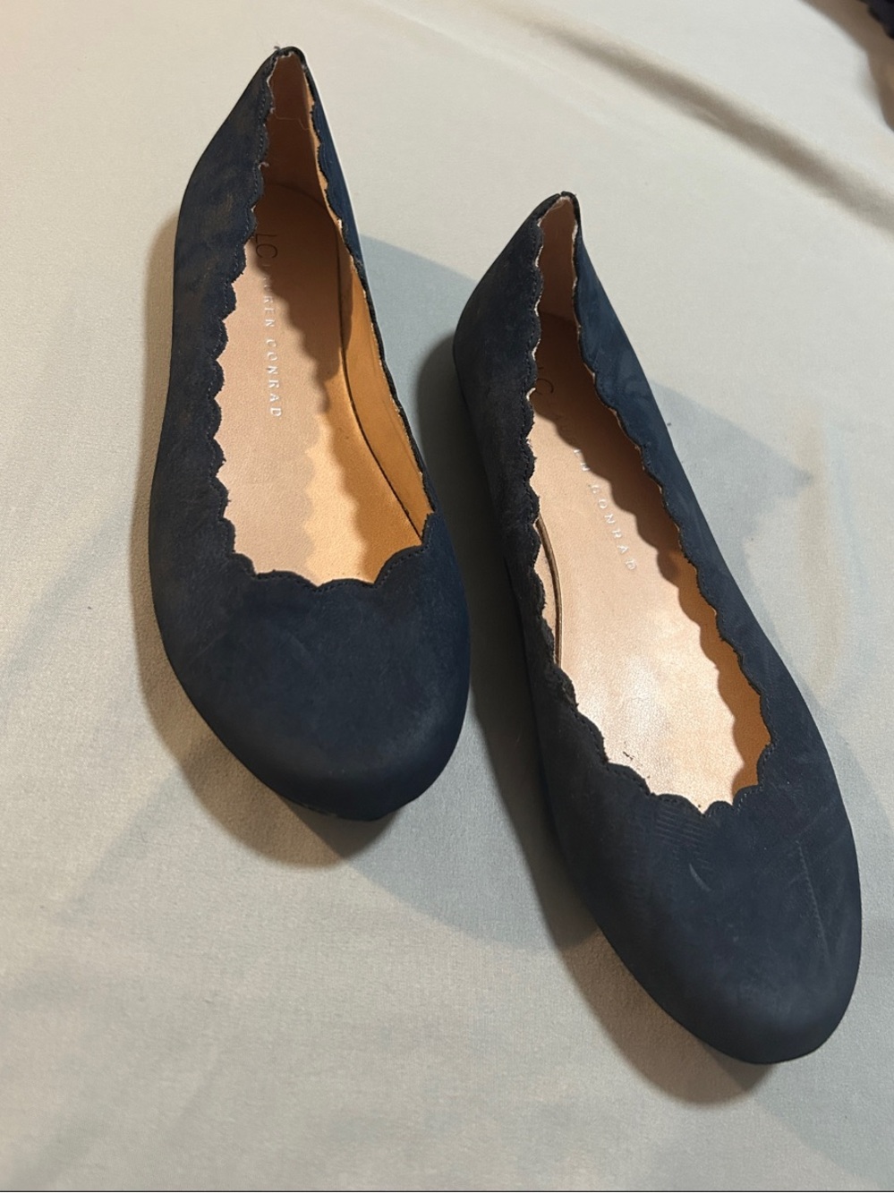 LC Lauren Conrad Navy Scalloped Suede Slip-On Flats
